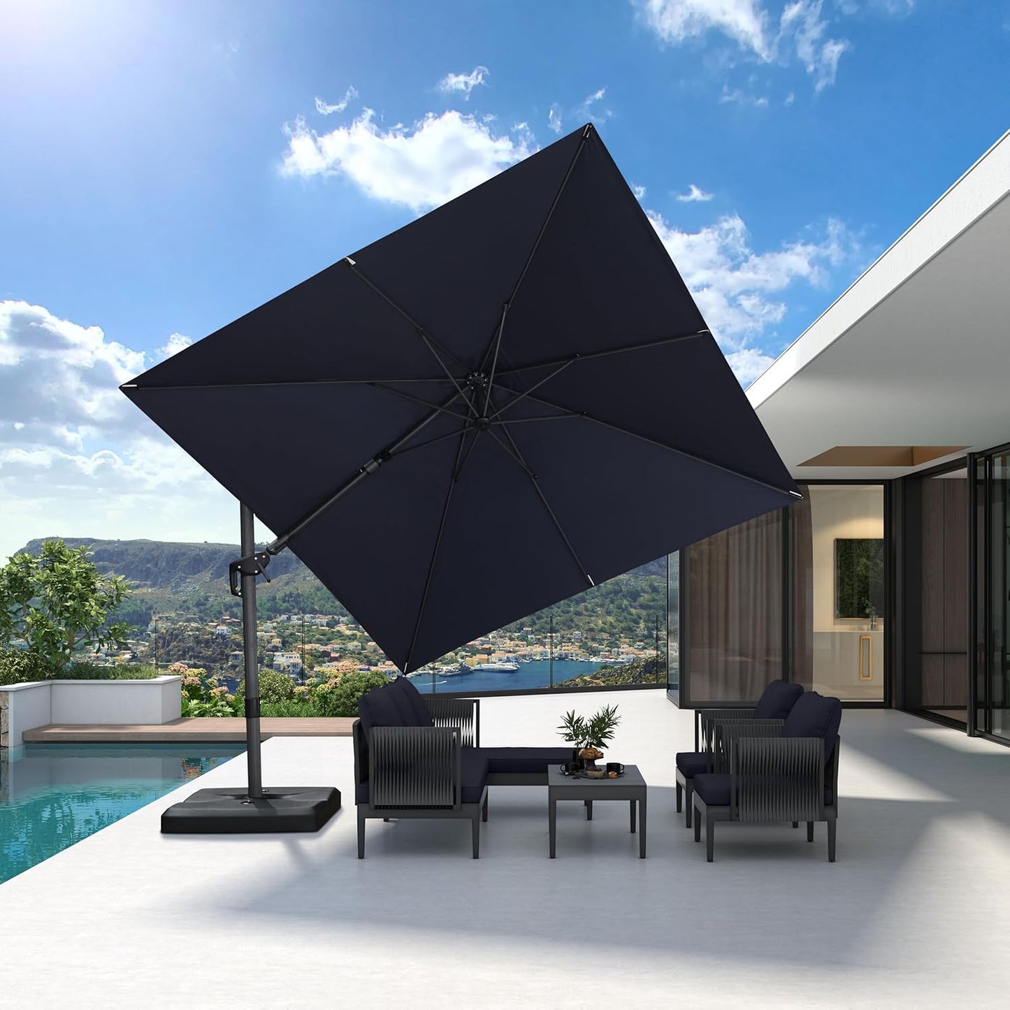 PURPLE LEAF 9' X 11.5' Patio Umbrella Outdoor Cantilever Rectangle Umbrella Aluminum Offset Umbrella with 360-degree Rotation for Garden Deck Pool Patio, Navy Blue