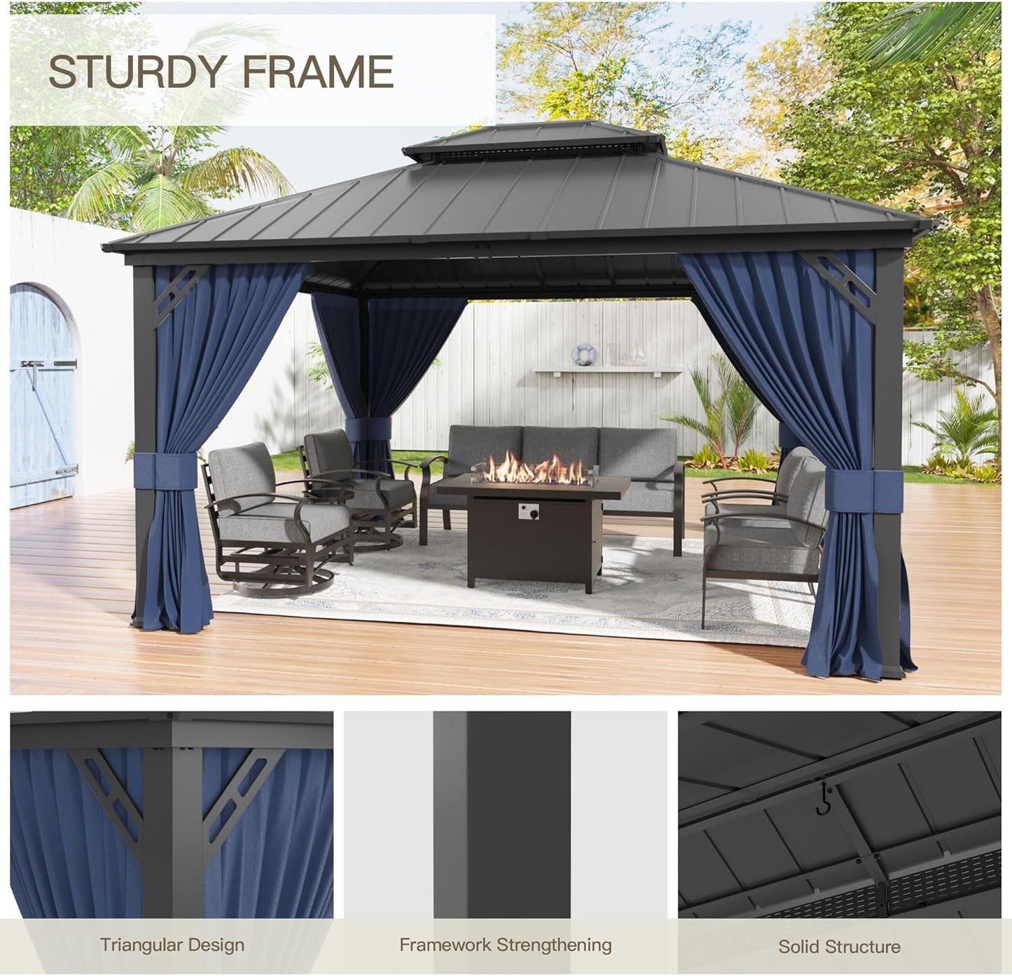 12'x14' Hardtop Gazebo,Double Roof, Outdoor Galvanized Steel Metal Gazebo with Curtains and Netting for Patios, Gardens, Lawns,NavyBlue