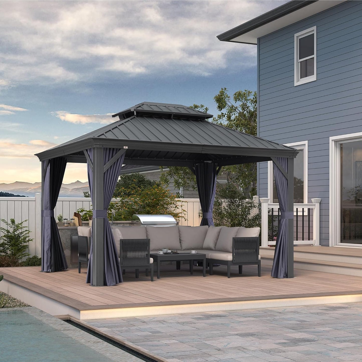 PURPLE LEAF 12' X 20' Permanent Hardtop Gazebo Aluminum Gazebo with Galvanized Steel Double Roof for Patio Lawn and Garden, Curtains and Netting Included, Grey