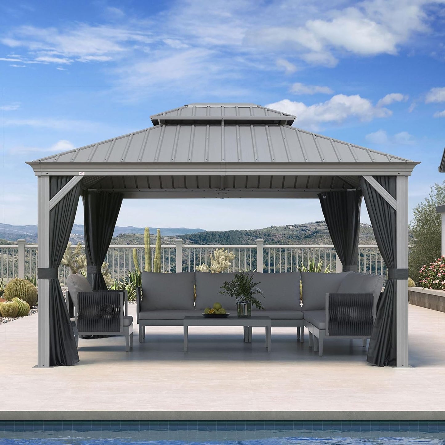 PURPLE LEAF 11' x 13' Permanent Hardtop Gazebo with Galvanized Steel Double Roof and Aluminum Frames Outdoor Large Pavilion Gazebo for Patio Deck Garden, Netting and Curtains Included, Light Grey