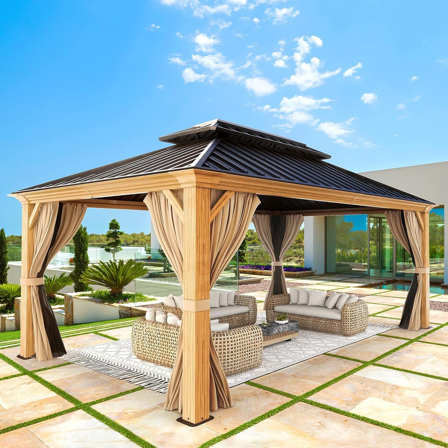 YOLENY 12' x 12' Gazebo Hardtop with Aluminum Frame,Galvanized Steel Double Roof Gazebos with Curtain and Netting,Outdoor Metal Pergolas for Garden, Lawn, Deck, Brown