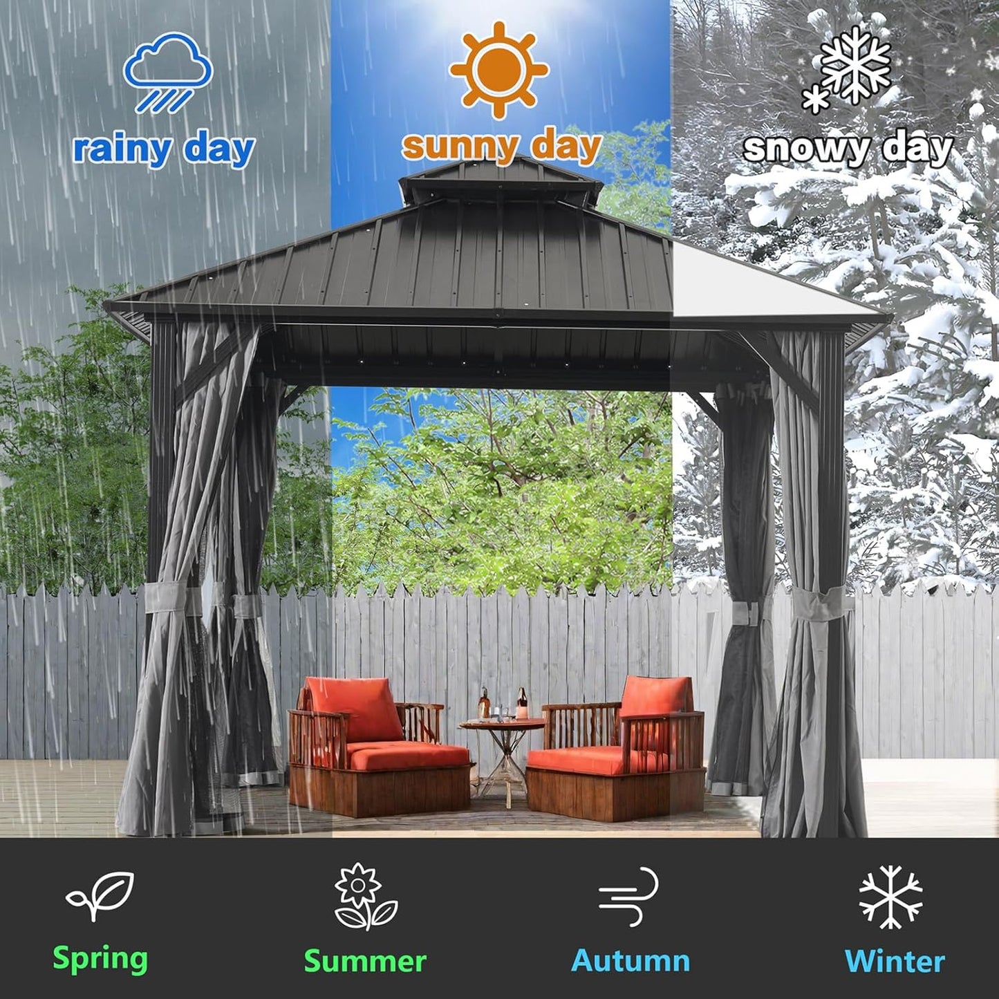 Endark 12x12FT Outdoor Hardtop Double Roof Gazebo with Galvanized Steel Roof, Heavy Duty Metal Frame Canopy with Mosquito Netting and Privacy Curtains (12 * 12FT)