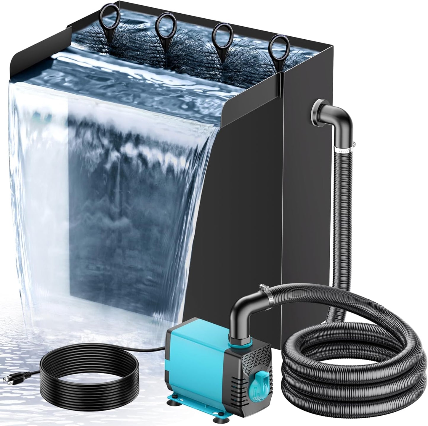 POPOSOAP 55W Solar Pond Waterfall Box with Fountain Pump, 304 Stainless Steel Pond Waterfall Spillway, Pond Spillway with 9.8FT PU Corrugated Tubing for Garden Waterfall,Water Features-P5552H