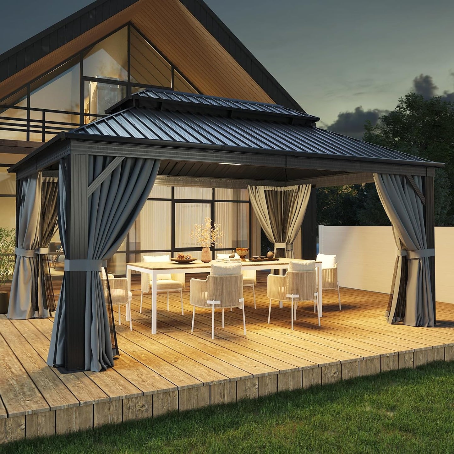 Aoxun Hardtop Gazebo 10x12, Aluminum Frame Canopy with Double Galvanized Steel Roof, Outdoor Gazebo with Breathable Netting and Privacy Curtain for Backyard