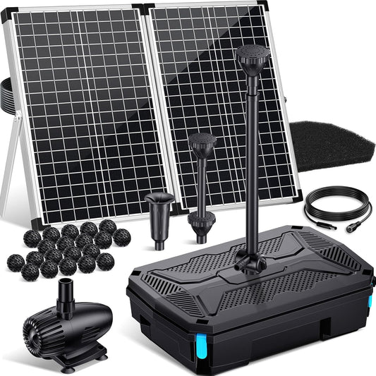 POPOSOAP 55W Solar Pond Filter with Fountain Pump, Solar Powered Water Pump with 580GPH Pond Filter for Outdoor Ponds with Filter Medias for Koi Ponds, Waterfalls, Garden Water Features