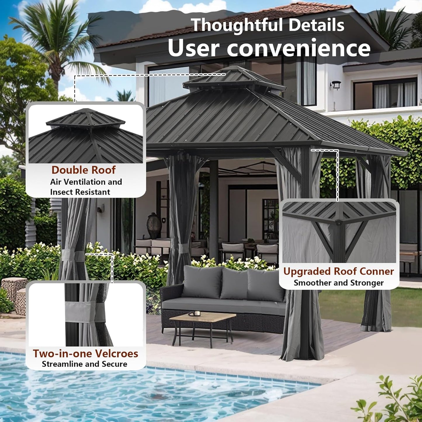 Endark 12x12FT Outdoor Hardtop Double Roof Gazebo with Galvanized Steel Roof, Heavy Duty Metal Frame Canopy with Mosquito Netting and Privacy Curtains (12 * 12FT)