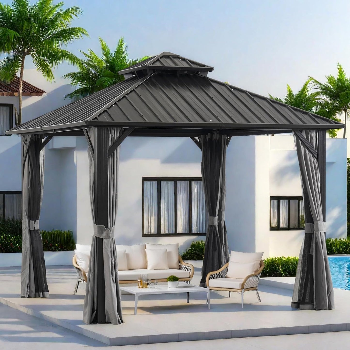 Endark 12x12FT Outdoor Hardtop Double Roof Gazebo with Galvanized Steel Roof, Heavy Duty Metal Frame Canopy with Mosquito Netting and Privacy Curtains (12 * 12FT)