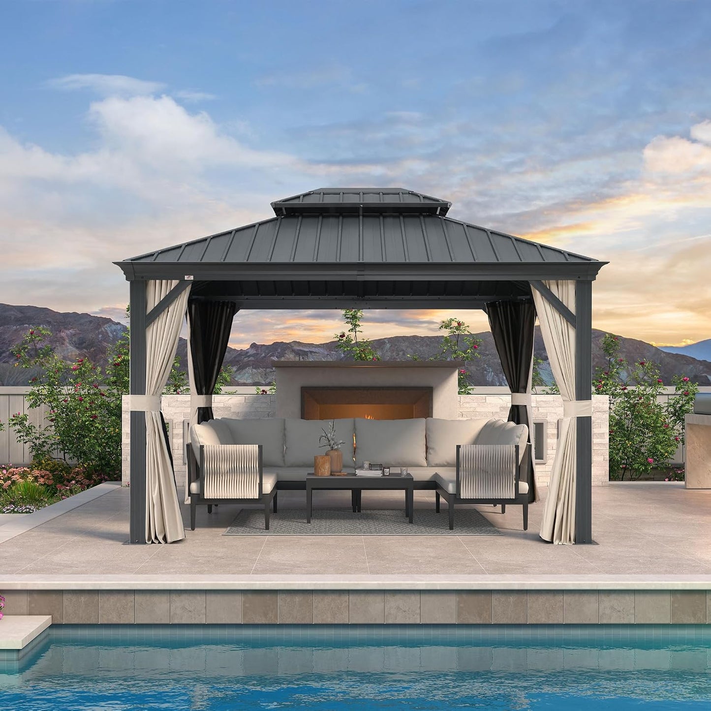 PURPLE LEAF 12' X 20' Permanent Hardtop Gazebo Aluminum Gazebo with Galvanized Steel Double Roof for Patio Lawn and Garden, Curtains and Netting Included, Grey