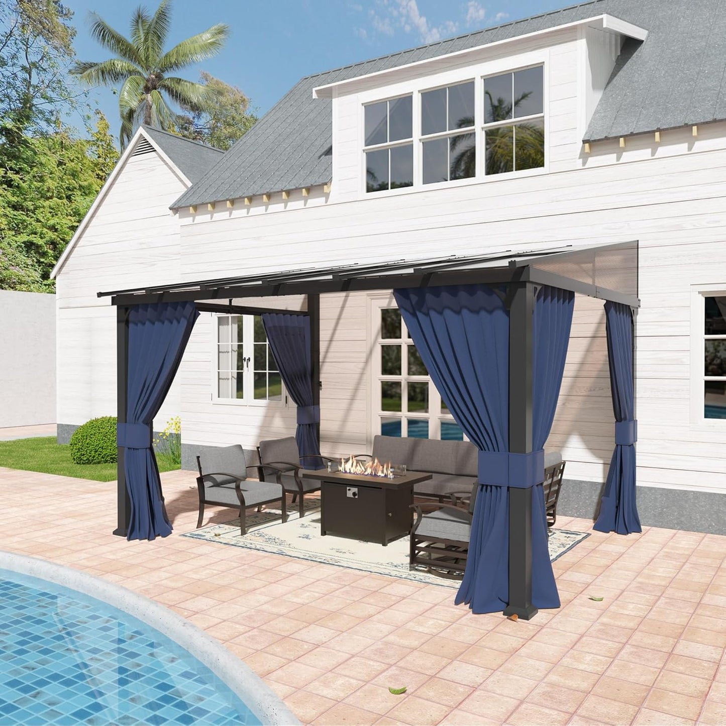 12'x14' Hardtop Gazebo,Double Roof, Outdoor Galvanized Steel Metal Gazebo with Curtains and Netting for Patios, Gardens, Lawns,NavyBlue