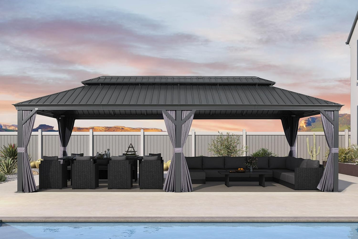 PURPLE LEAF 14' X 28' Outdoor Large Gazebo Permanent Hardtop Gazebo with Galvanized Steel Double Roof for Patio Lawn and Garden, Curtains and Netting Included Grey