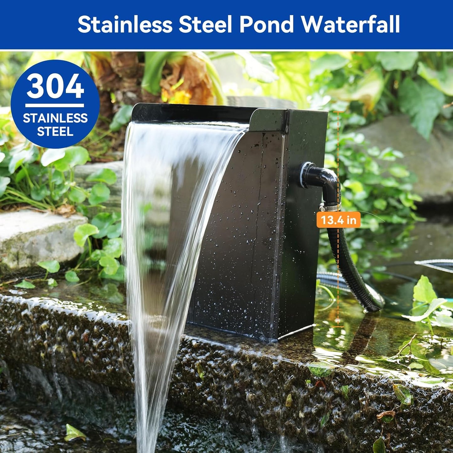 POPOSOAP 55W Solar Pond Waterfall Box with Fountain Pump, 304 Stainless Steel Pond Waterfall Spillway, Pond Spillway with 9.8FT PU Corrugated Tubing for Garden Waterfall,Water Features-P5552H