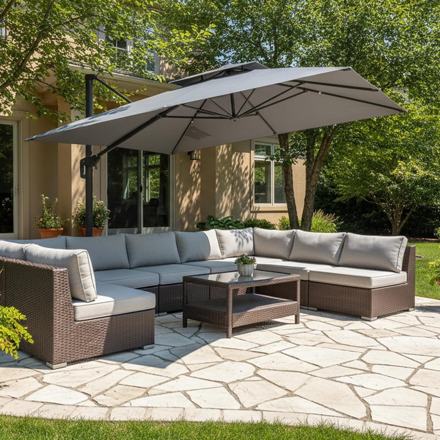 PURPLE LEAF 10' x 13' Cantilever Patio Umbrella Outdoor Umbrella with 330lbs Base Large Rectangular Windproof Offset Umbrella for Pool Deck Garden, Sand Dune