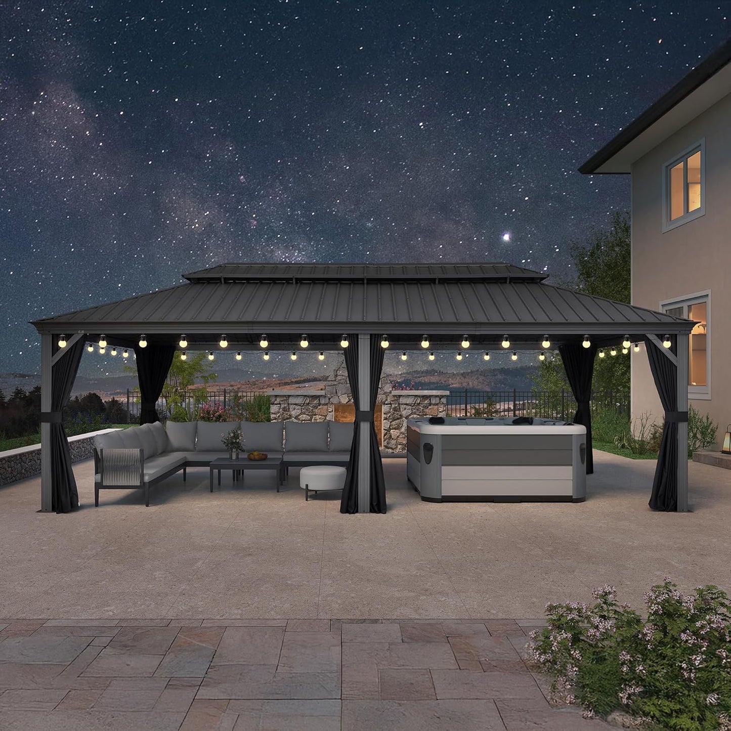 PURPLE LEAF 11' x 13' Permanent Hardtop Gazebo with Galvanized Steel Double Roof and Aluminum Frames Outdoor Large Pavilion Gazebo for Patio Deck Garden, Netting and Curtains Included, Light Grey