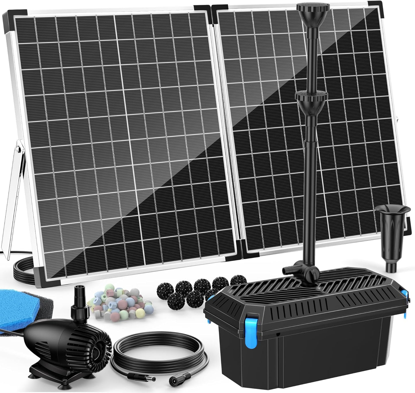 Antfraer Solar Fountain Pump with Pond Filter Kit, 40W Panel Solar Pond Pump with Pond Filter Box, Pond Filter for Outdoor Pond Garden Fountains Waterfalls DIY Water Feature