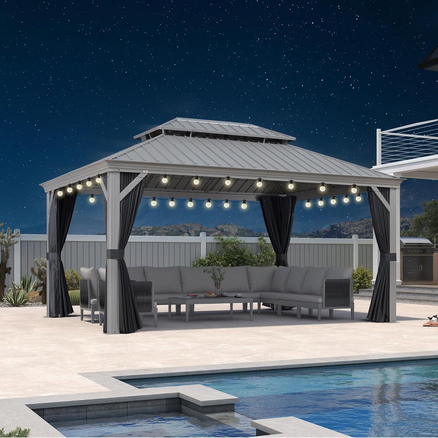 PURPLE LEAF 11' x 13' Permanent Hardtop Gazebo with Galvanized Steel Double Roof and Aluminum Frames Outdoor Large Pavilion Gazebo for Patio Deck Garden, Netting and Curtains Included, Light Grey
