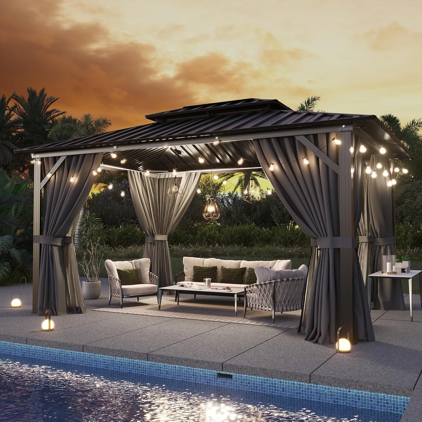 Aoxun Hardtop Gazebo 10x12, Aluminum Frame Canopy with Double Galvanized Steel Roof, Outdoor Gazebo with Breathable Netting and Privacy Curtain for Backyard