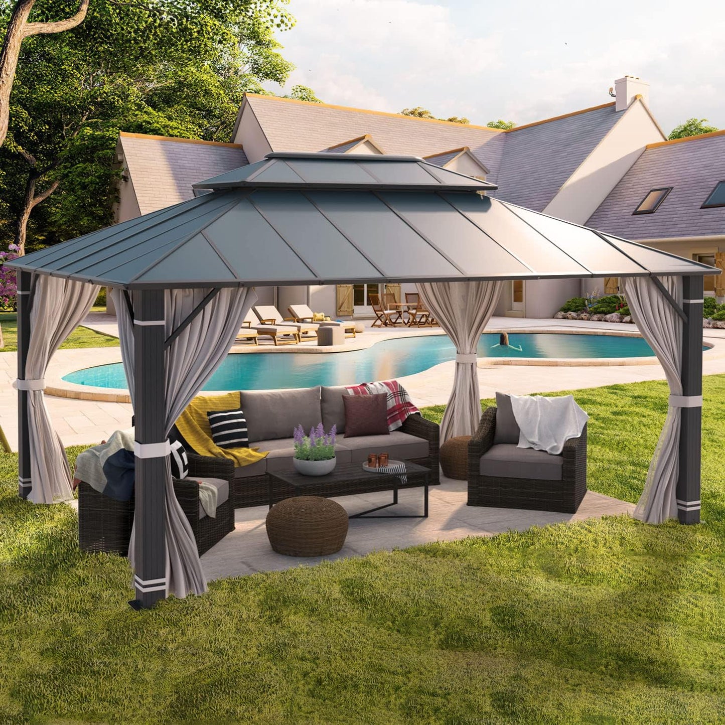 YOLENY 12' x 12' Gazebo Hardtop with Aluminum Frame,Galvanized Steel Double Roof Gazebos with Curtain and Netting,Outdoor Metal Pergolas for Garden, Lawn, Deck, Brown