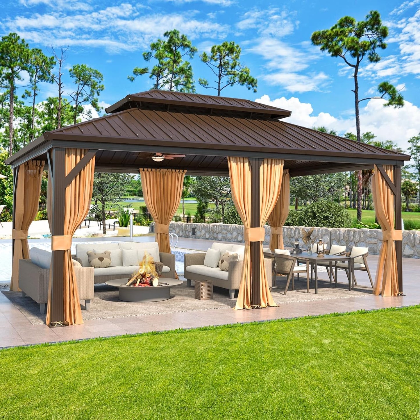 YOLENY 12' x 12' Gazebo Hardtop with Aluminum Frame,Galvanized Steel Double Roof Gazebos with Curtain and Netting,Outdoor Metal Pergolas for Garden, Lawn, Deck, Brown