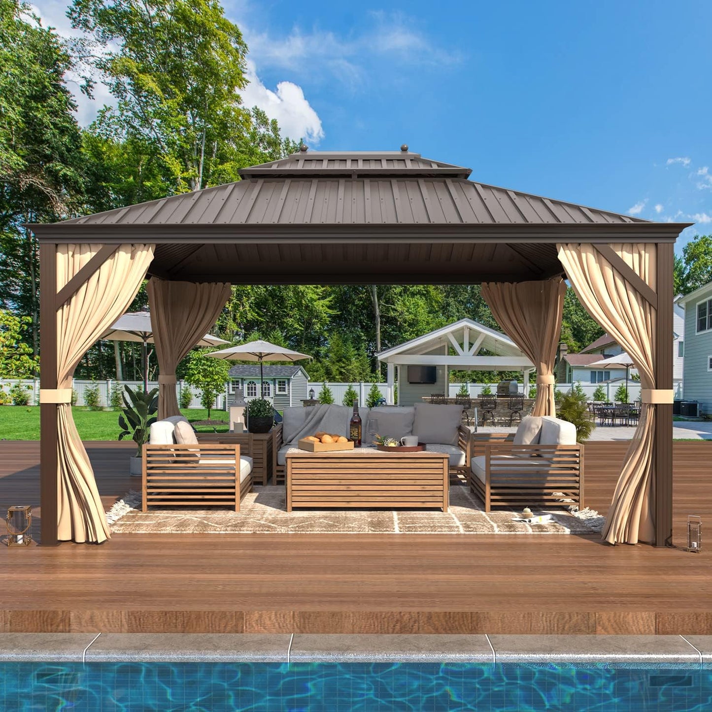 YOLENY 12' x 12' Gazebo Hardtop with Aluminum Frame,Galvanized Steel Double Roof Gazebos with Curtain and Netting,Outdoor Metal Pergolas for Garden, Lawn, Deck, Brown