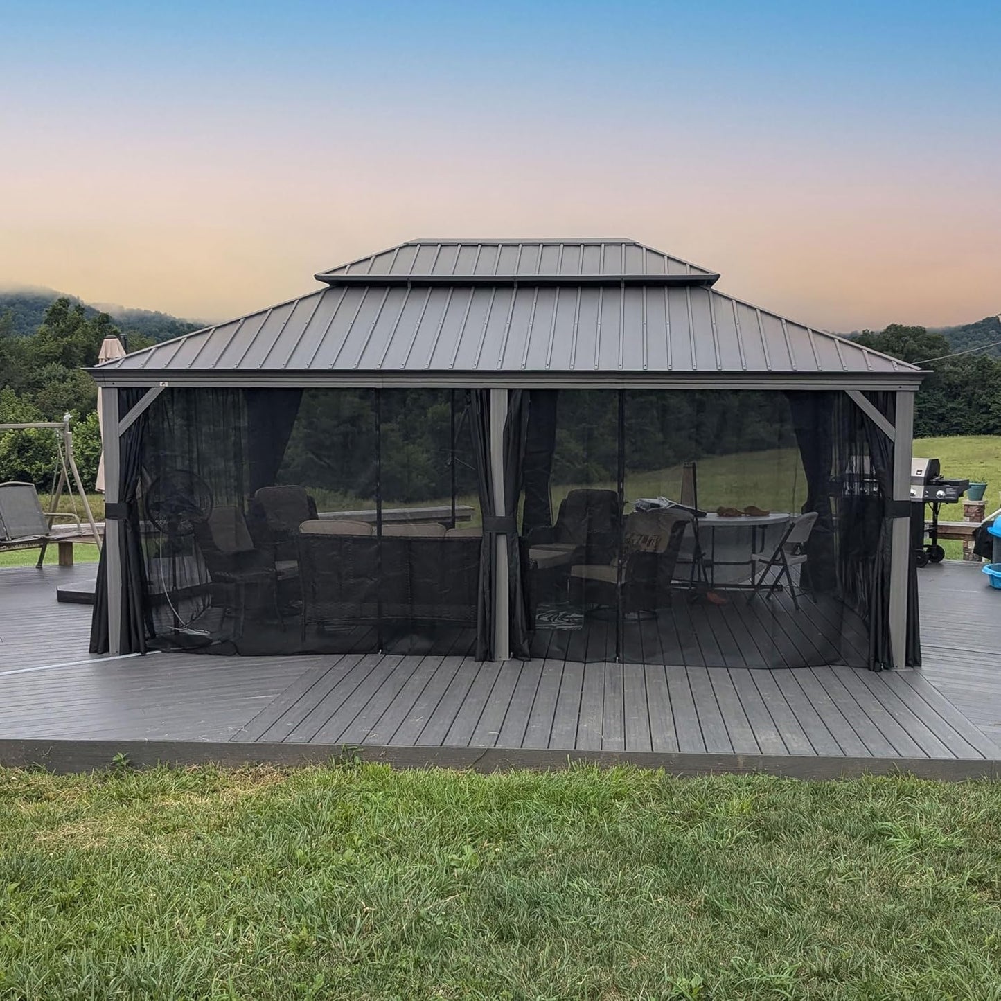 PURPLE LEAF 11' x 13' Permanent Hardtop Gazebo with Galvanized Steel Double Roof and Aluminum Frames Outdoor Large Pavilion Gazebo for Patio Deck Garden, Netting and Curtains Included, Light Grey