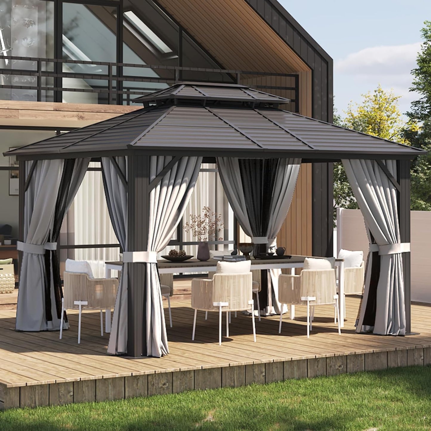 Aoxun Hardtop Gazebo 10x12, Aluminum Frame Canopy with Double Galvanized Steel Roof, Outdoor Gazebo with Breathable Netting and Privacy Curtain for Backyard