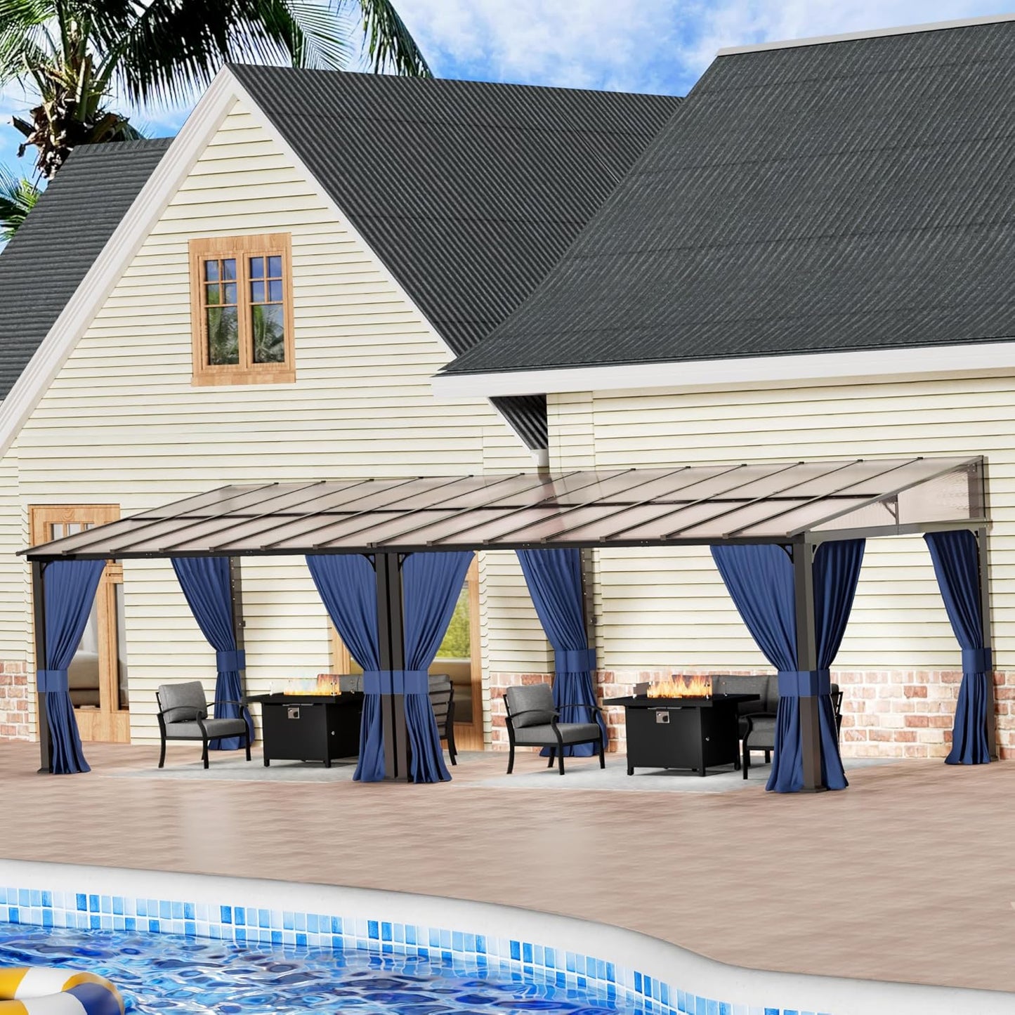 12'x14' Hardtop Gazebo,Double Roof, Outdoor Galvanized Steel Metal Gazebo with Curtains and Netting for Patios, Gardens, Lawns,NavyBlue