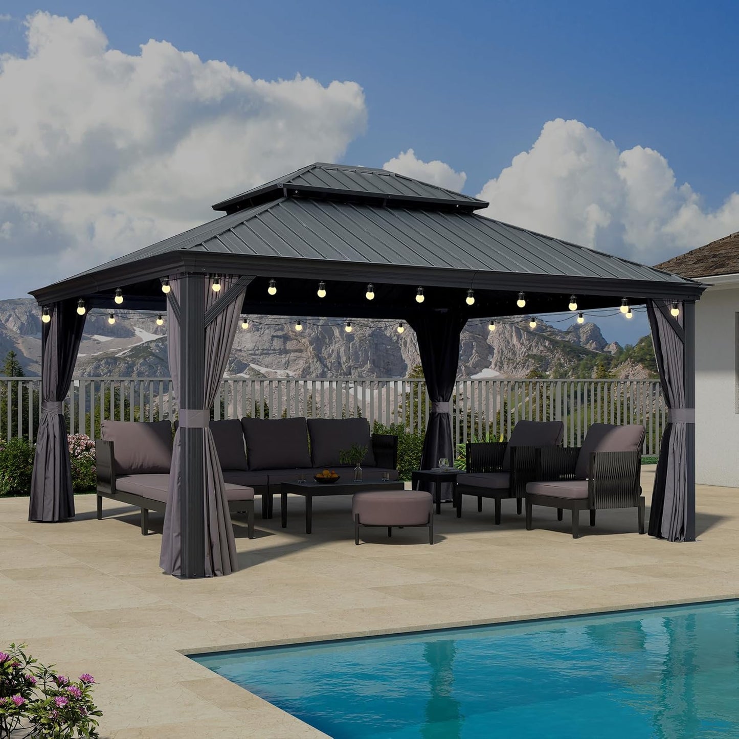 PURPLE LEAF 12' X 20' Permanent Hardtop Gazebo Aluminum Gazebo with Galvanized Steel Double Roof for Patio Lawn and Garden, Curtains and Netting Included, Grey