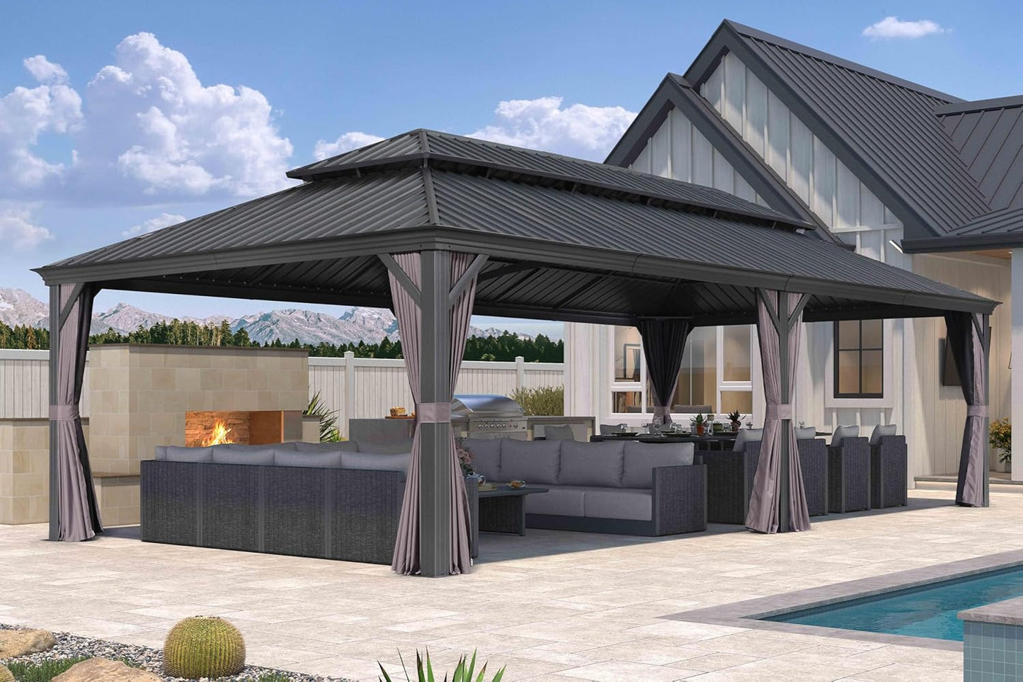 PURPLE LEAF 12' X 20' Permanent Hardtop Gazebo Aluminum Gazebo with Galvanized Steel Double Roof for Patio Lawn and Garden, Curtains and Netting Included, Grey