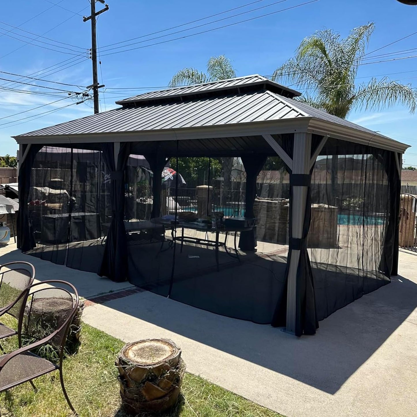 PURPLE LEAF 11' x 13' Permanent Hardtop Gazebo with Galvanized Steel Double Roof and Aluminum Frames Outdoor Large Pavilion Gazebo for Patio Deck Garden, Netting and Curtains Included, Light Grey