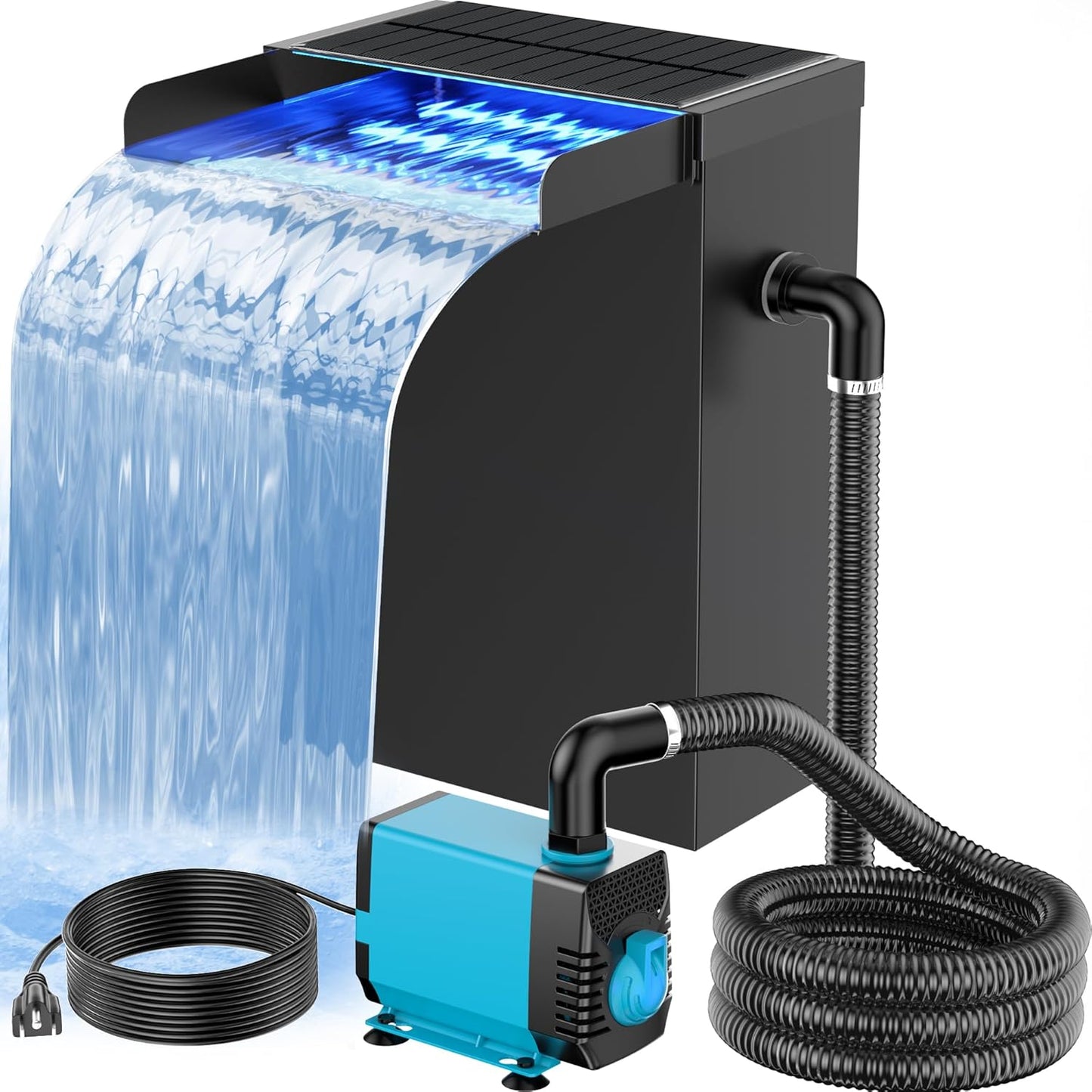 POPOSOAP 55W Solar Pond Waterfall Box with Fountain Pump, 304 Stainless Steel Pond Waterfall Spillway, Pond Spillway with 9.8FT PU Corrugated Tubing for Garden Waterfall,Water Features-P5552H
