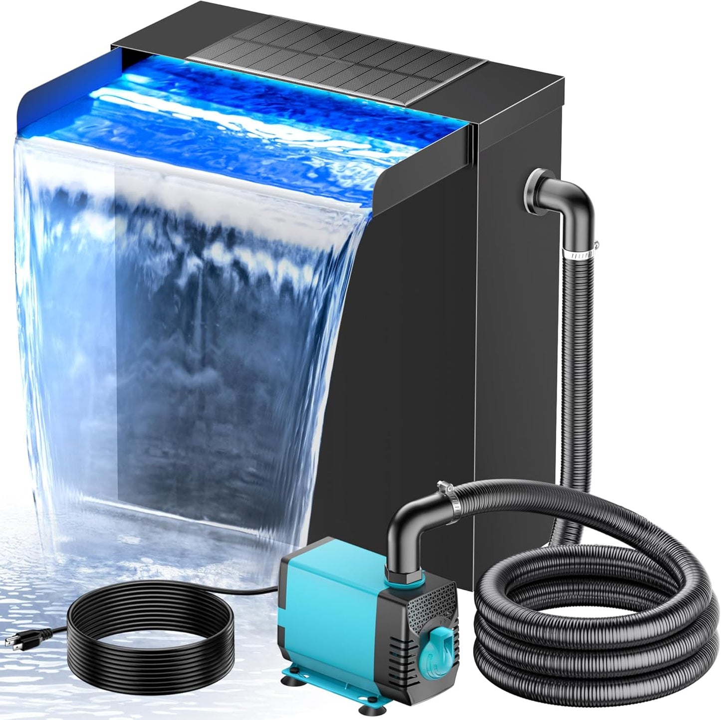 POPOSOAP 55W Solar Pond Waterfall Box with Fountain Pump, 304 Stainless Steel Pond Waterfall Spillway, Pond Spillway with 9.8FT PU Corrugated Tubing for Garden Waterfall,Water Features-P5552H
