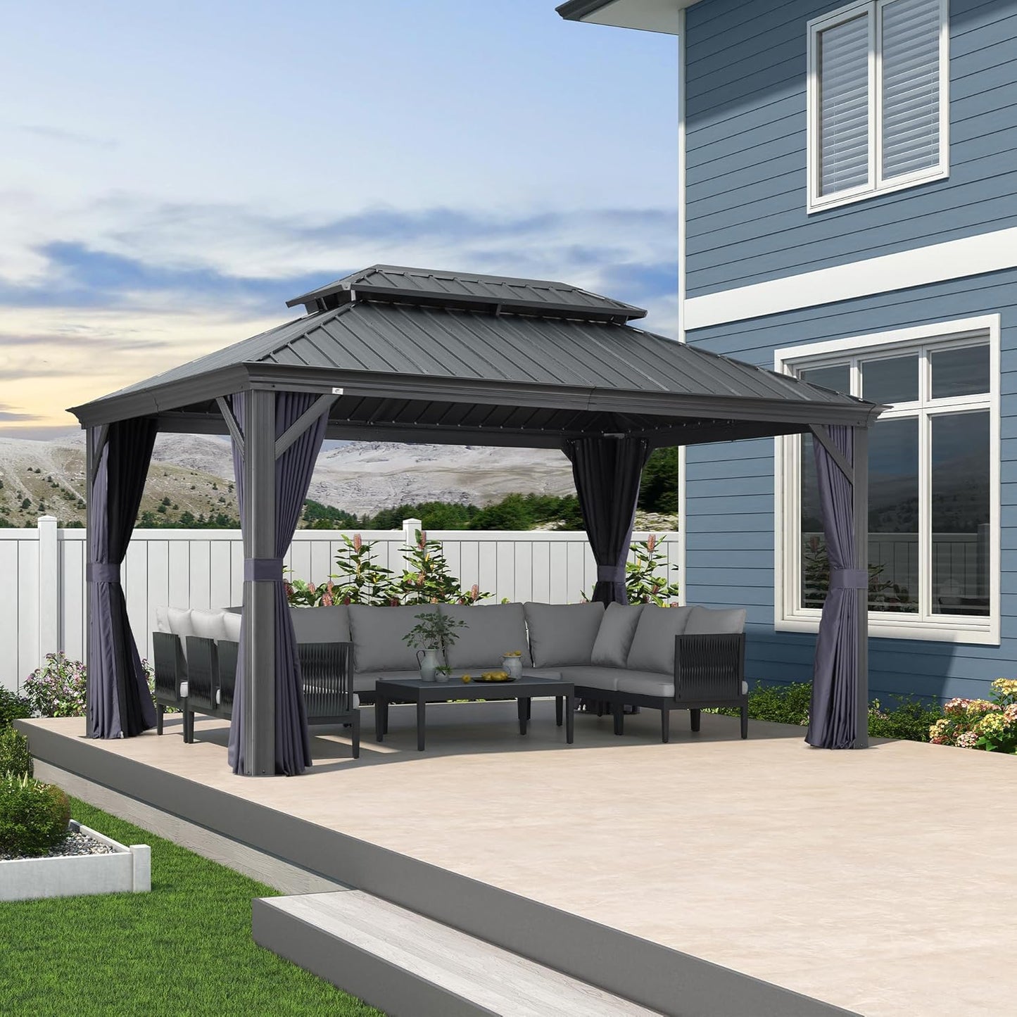 PURPLE LEAF 12' X 20' Permanent Hardtop Gazebo Aluminum Gazebo with Galvanized Steel Double Roof for Patio Lawn and Garden, Curtains and Netting Included, Grey