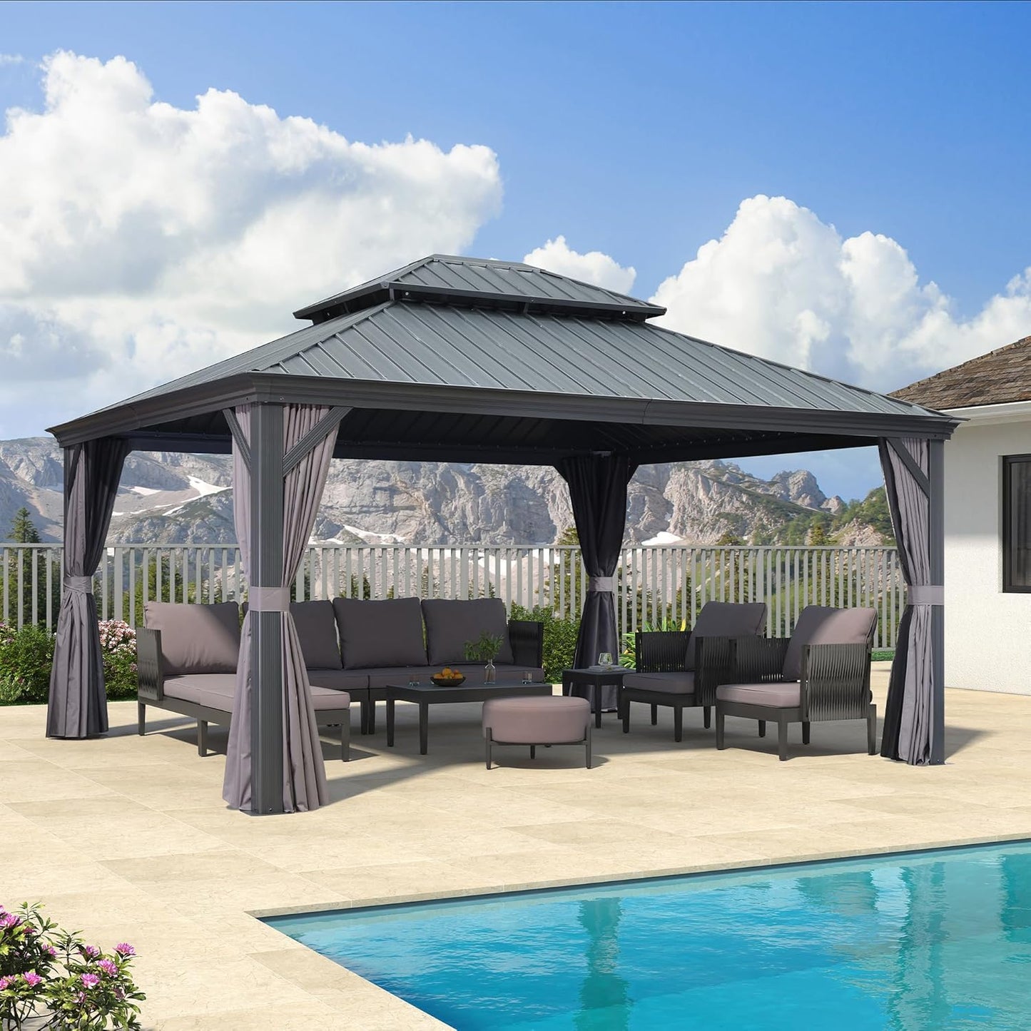 PURPLE LEAF 12' X 20' Permanent Hardtop Gazebo Aluminum Gazebo with Galvanized Steel Double Roof for Patio Lawn and Garden, Curtains and Netting Included, Grey
