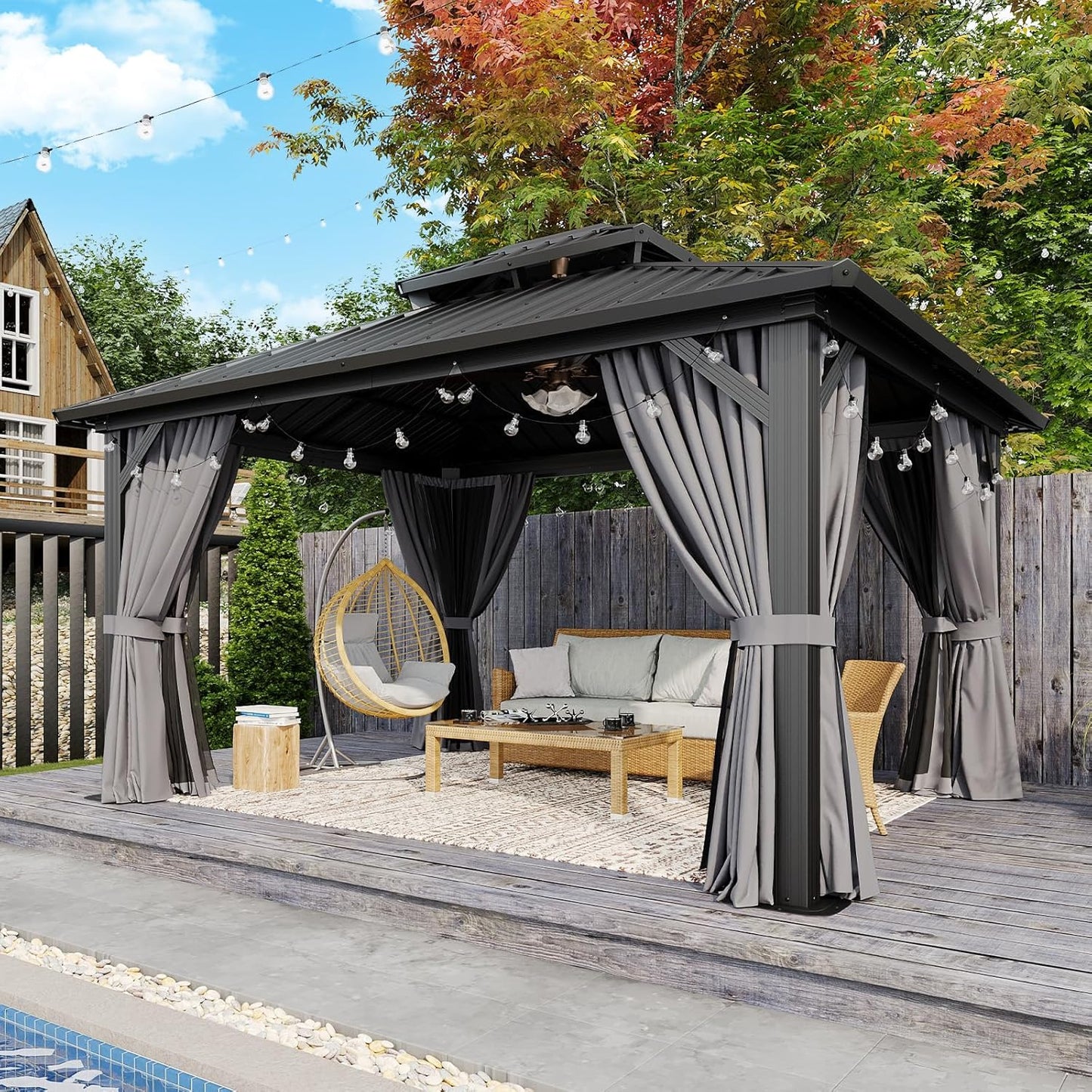 Aoxun Hardtop Gazebo 10x12, Aluminum Frame Canopy with Double Galvanized Steel Roof, Outdoor Gazebo with Breathable Netting and Privacy Curtain for Backyard