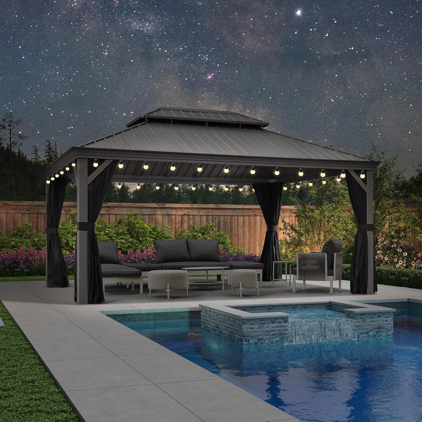 PURPLE LEAF 11' x 13' Permanent Hardtop Gazebo with Galvanized Steel Double Roof and Aluminum Frames Outdoor Large Pavilion Gazebo for Patio Deck Garden, Netting and Curtains Included, Light Grey