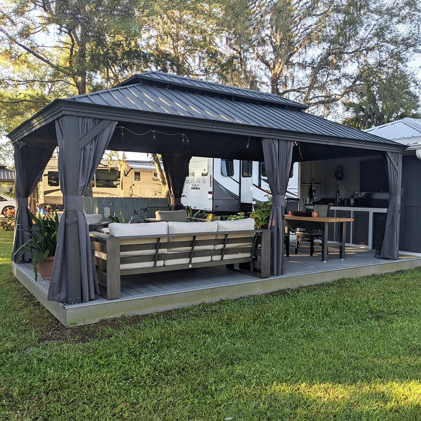 PURPLE LEAF 14' X 28' Outdoor Large Gazebo Permanent Hardtop Gazebo with Galvanized Steel Double Roof for Patio Lawn and Garden, Curtains and Netting Included Grey