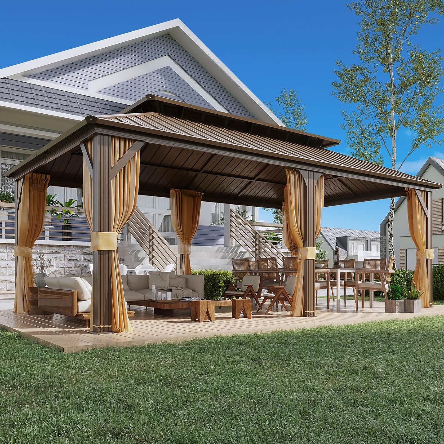 YOLENY 12' x 12' Gazebo Hardtop with Aluminum Frame,Galvanized Steel Double Roof Gazebos with Curtain and Netting,Outdoor Metal Pergolas for Garden, Lawn, Deck, Brown