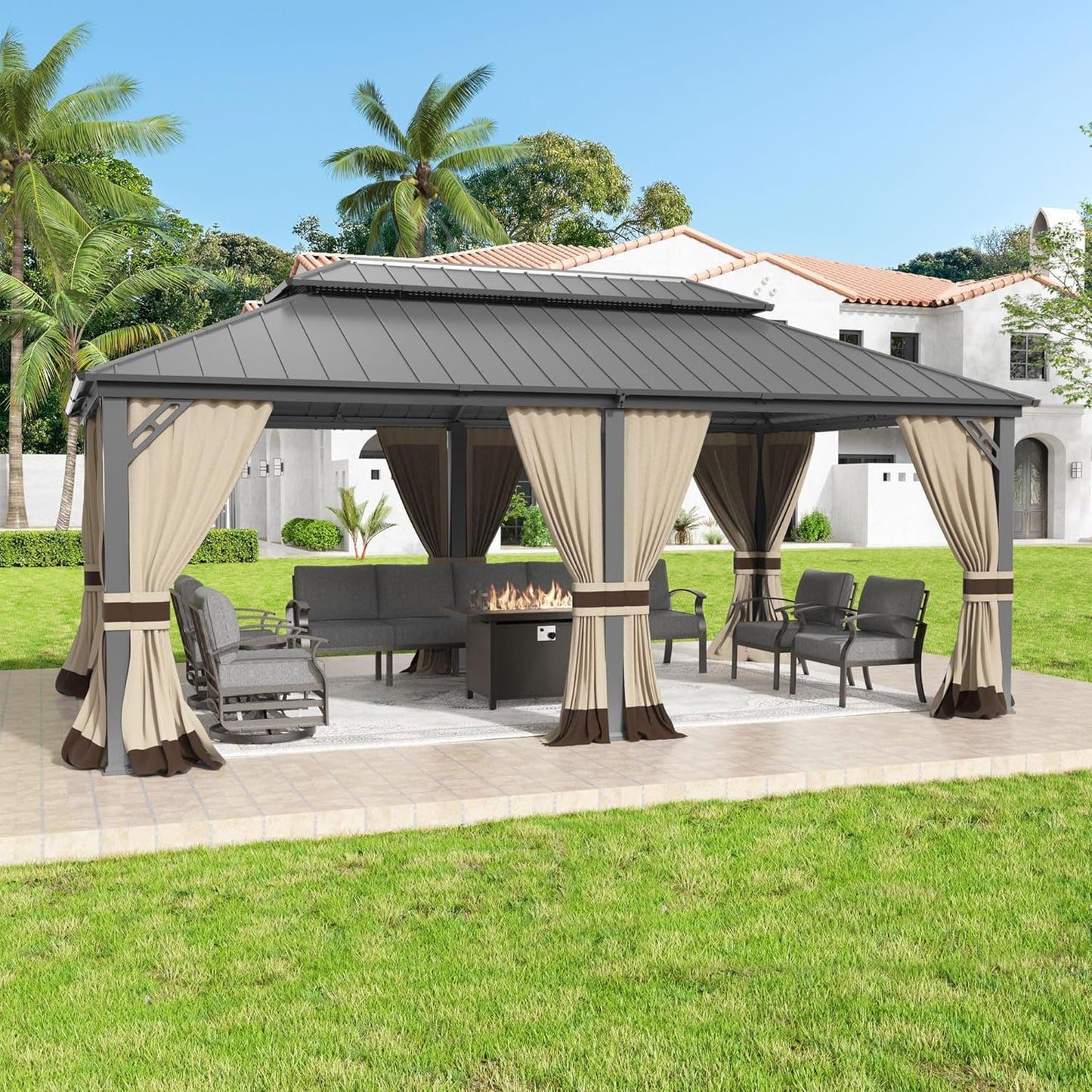 12'x14' Hardtop Gazebo,Double Roof, Outdoor Galvanized Steel Metal Gazebo with Curtains and Netting for Patios, Gardens, Lawns,NavyBlue
