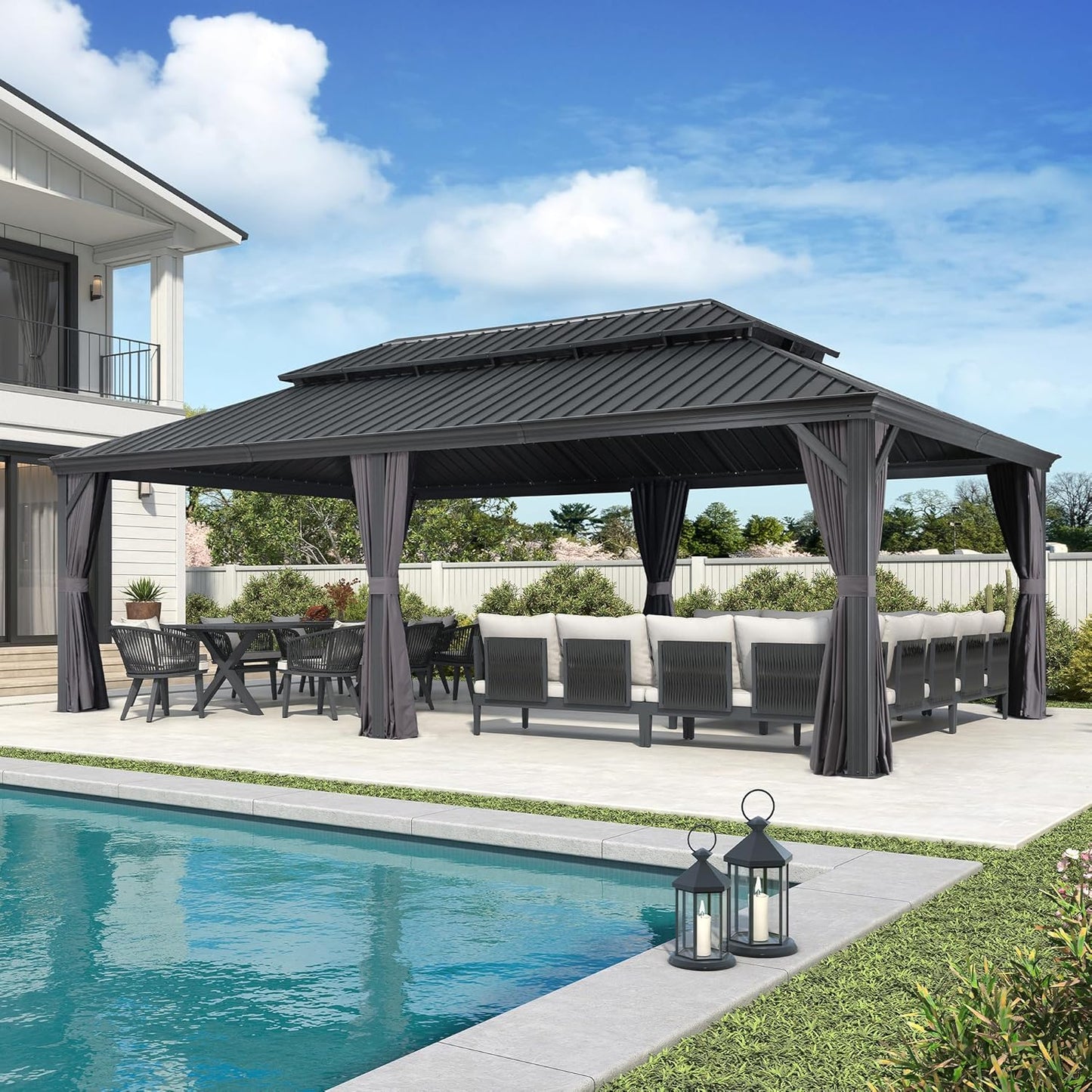 PURPLE LEAF 12' X 20' Permanent Hardtop Gazebo Aluminum Gazebo with Galvanized Steel Double Roof for Patio Lawn and Garden, Curtains and Netting Included, Grey