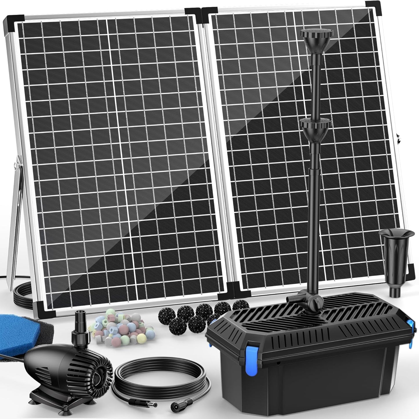 Antfraer Solar Fountain Pump with Pond Filter Kit, 40W Panel Solar Pond Pump with Pond Filter Box, Pond Filter for Outdoor Pond Garden Fountains Waterfalls DIY Water Feature