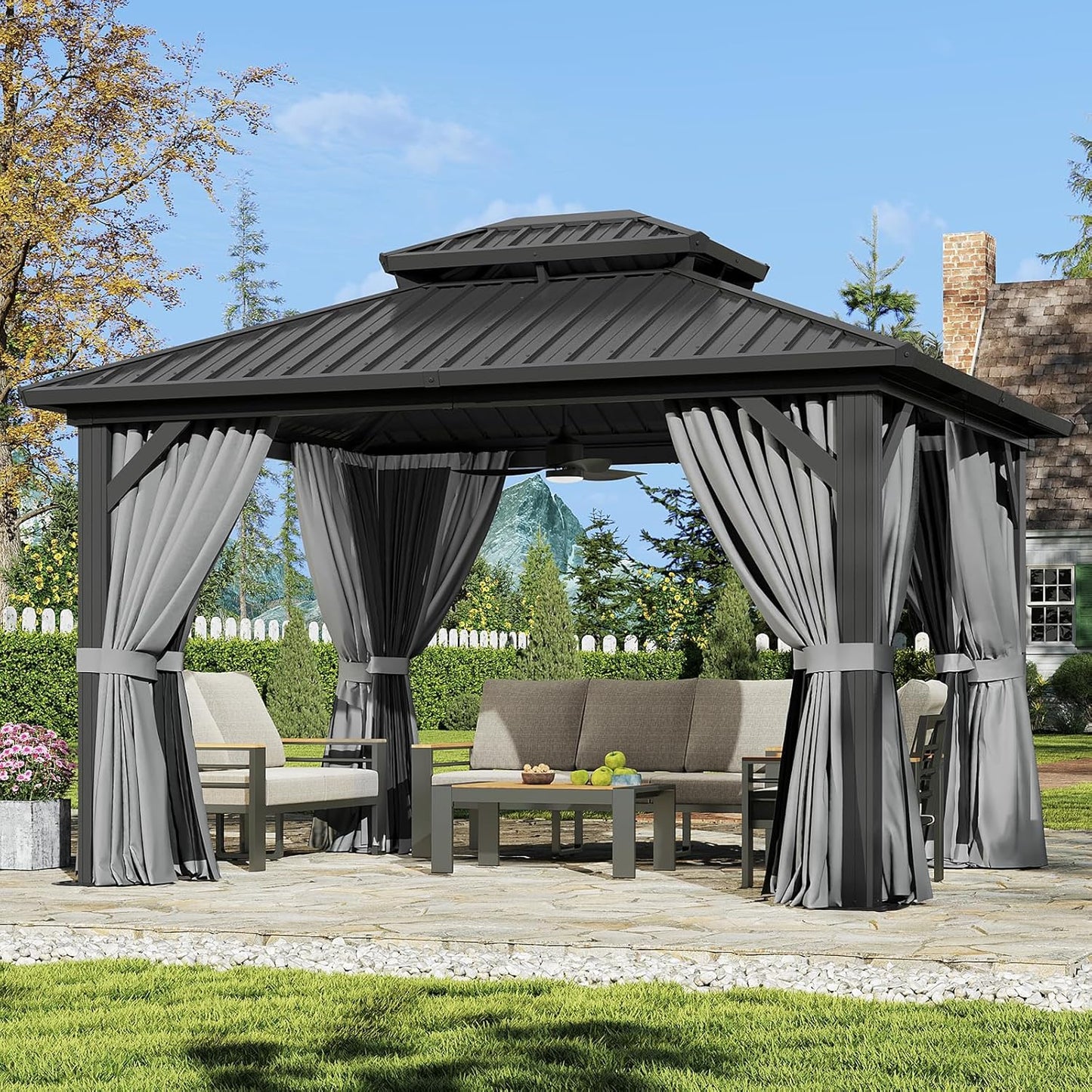Aoxun 12'x10' Hardtop Gazebo, Aluminum Frame Permanent Pavilion with Curtains and Netting, Outdoor Galvanized Double Roof Canopy, Designed for Garden, Lawns, Patio (Black/Grey)