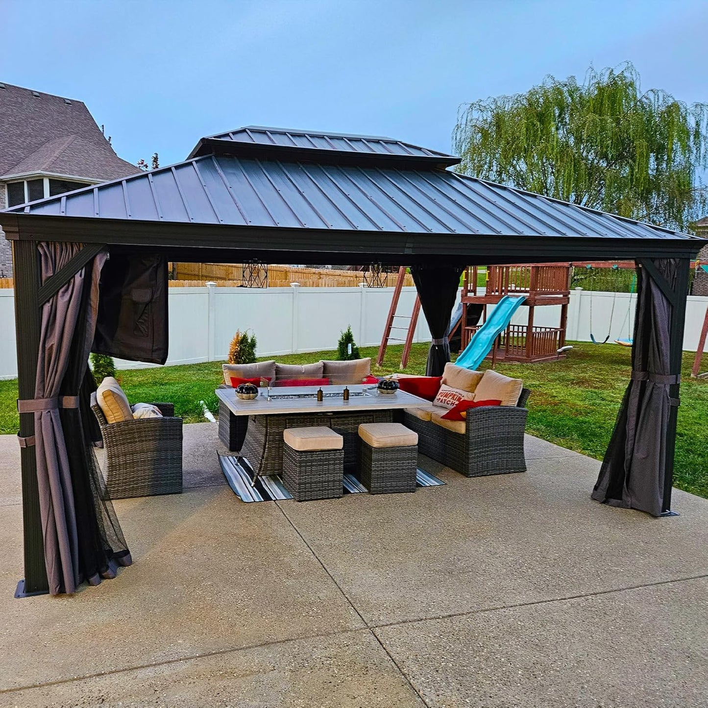 PURPLE LEAF 12' X 20' Permanent Hardtop Gazebo Aluminum Gazebo with Galvanized Steel Double Roof for Patio Lawn and Garden, Curtains and Netting Included, Grey