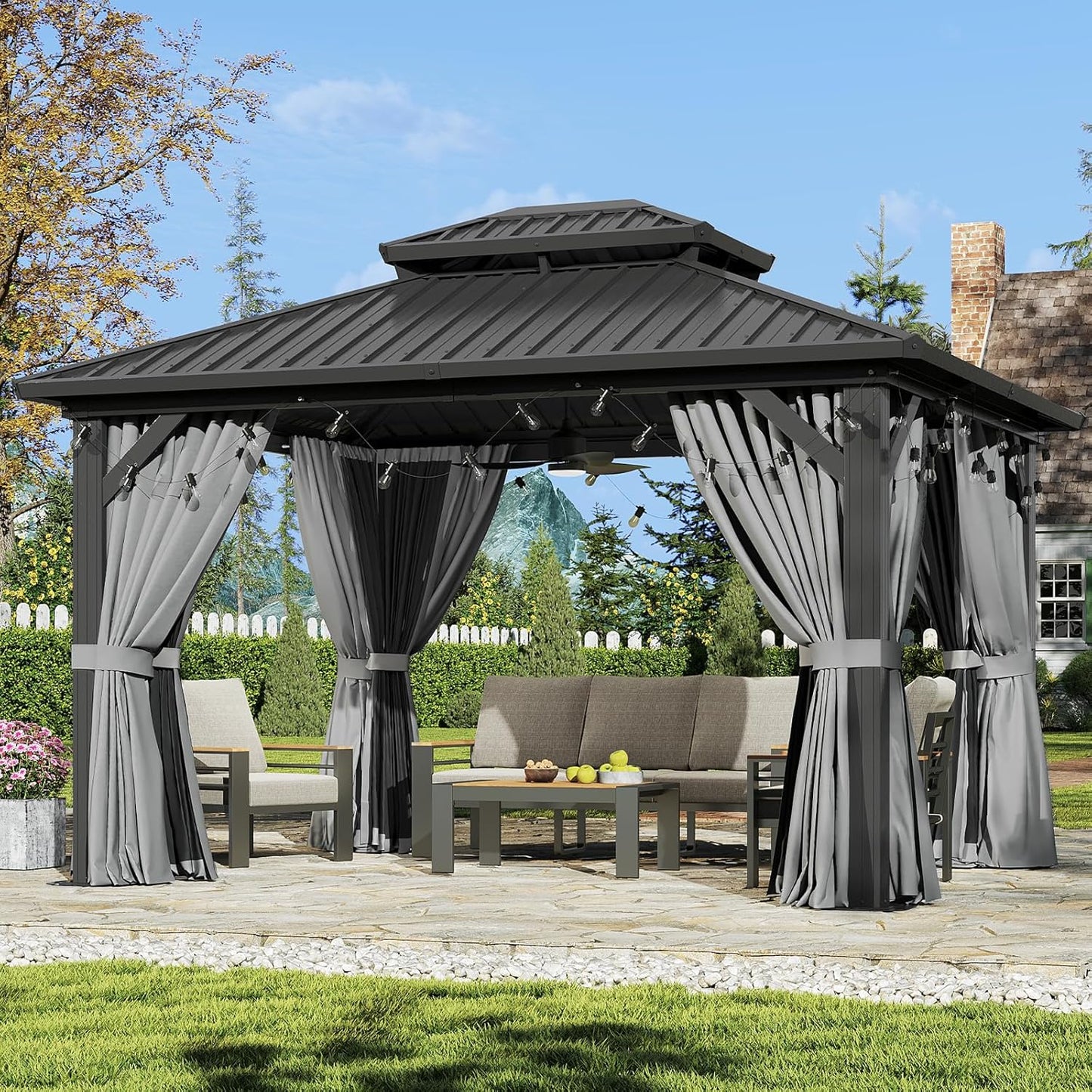 Aoxun Hardtop Gazebo 10x12, Aluminum Frame Canopy with Double Galvanized Steel Roof, Outdoor Gazebo with Breathable Netting and Privacy Curtain for Backyard