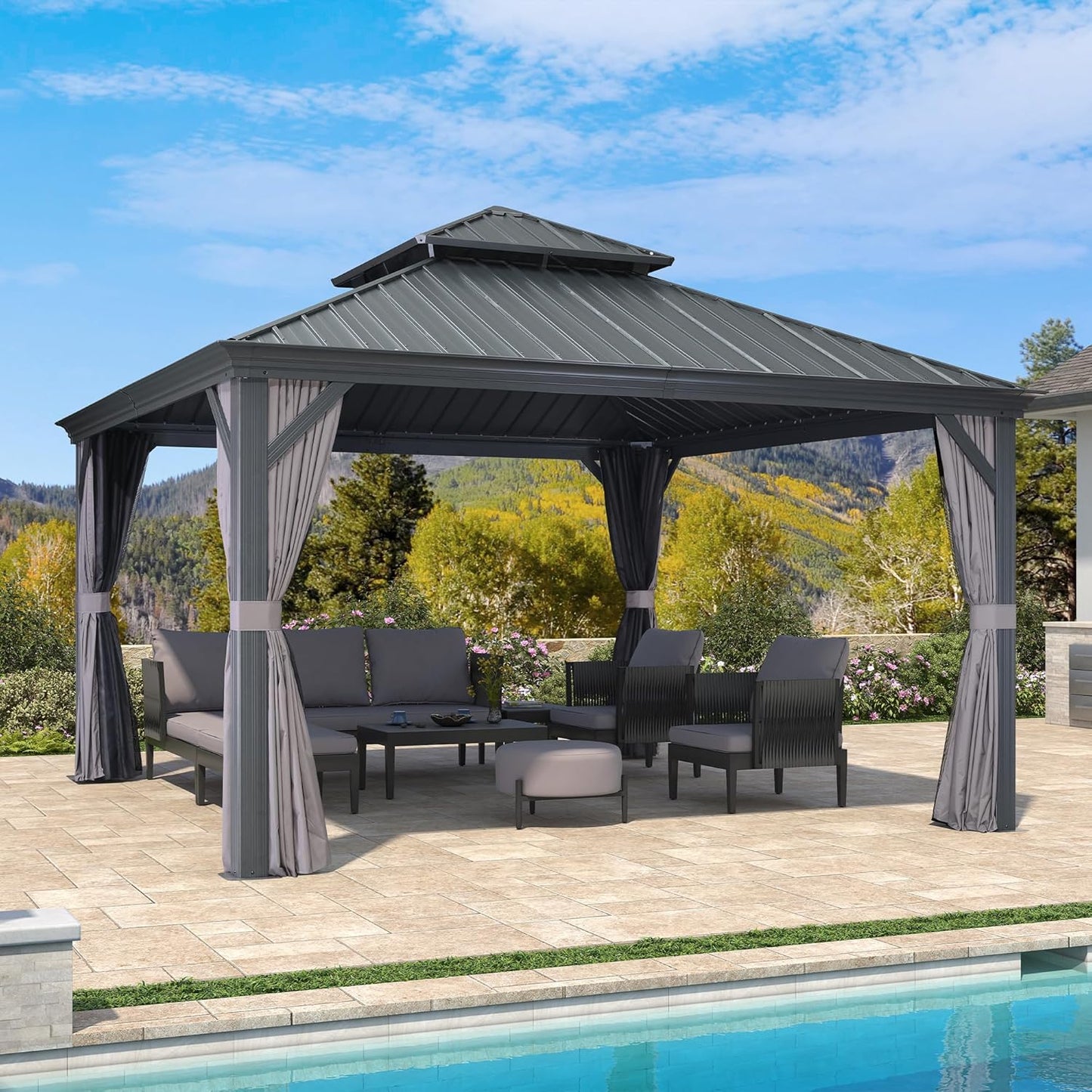 PURPLE LEAF 12' X 20' Permanent Hardtop Gazebo Aluminum Gazebo with Galvanized Steel Double Roof for Patio Lawn and Garden, Curtains and Netting Included, Grey