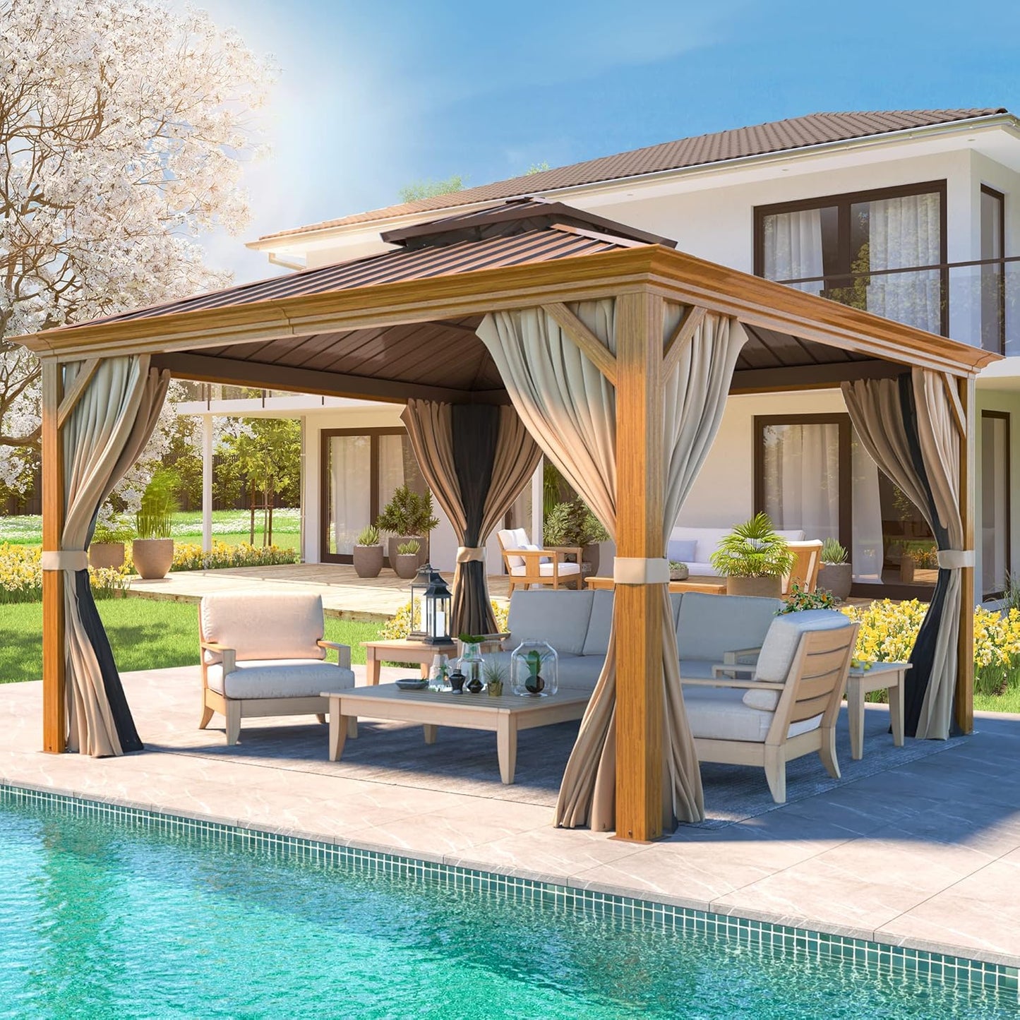 YOLENY 12' x 12' Gazebo Hardtop with Aluminum Frame,Galvanized Steel Double Roof Gazebos with Curtain and Netting,Outdoor Metal Pergolas for Garden, Lawn, Deck, Brown