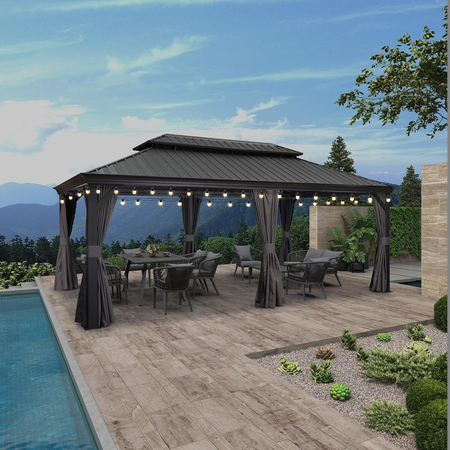 PURPLE LEAF 12' X 20' Permanent Hardtop Gazebo Aluminum Gazebo with Galvanized Steel Double Roof for Patio Lawn and Garden, Curtains and Netting Included, Grey