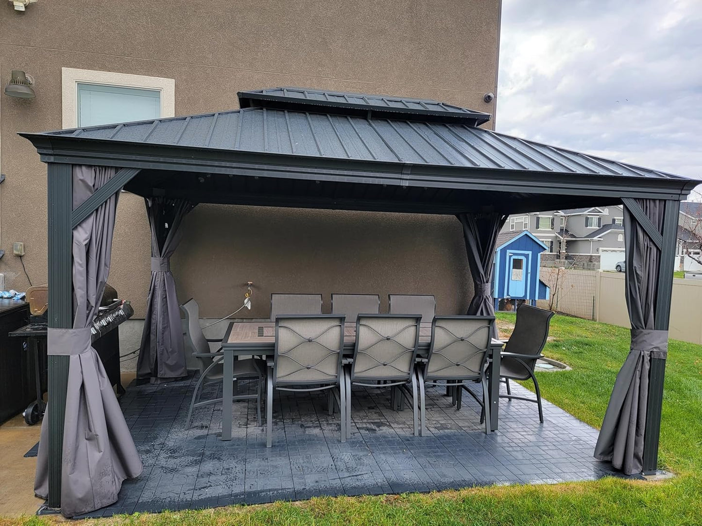 PURPLE LEAF 12' X 20' Permanent Hardtop Gazebo Aluminum Gazebo with Galvanized Steel Double Roof for Patio Lawn and Garden, Curtains and Netting Included, Grey