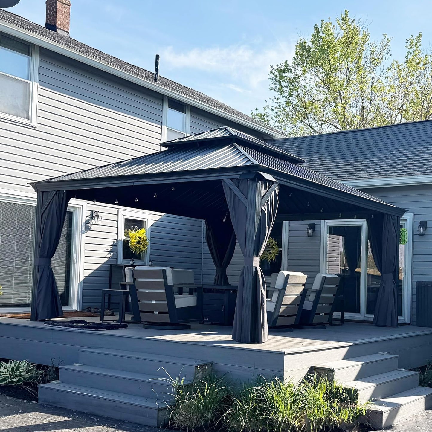 PURPLE LEAF 12' X 20' Permanent Hardtop Gazebo Aluminum Gazebo with Galvanized Steel Double Roof for Patio Lawn and Garden, Curtains and Netting Included, Grey
