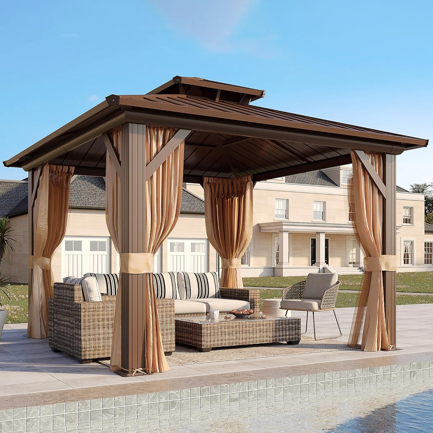 YOLENY 12' x 12' Gazebo Hardtop with Aluminum Frame,Galvanized Steel Double Roof Gazebos with Curtain and Netting,Outdoor Metal Pergolas for Garden, Lawn, Deck, Brown