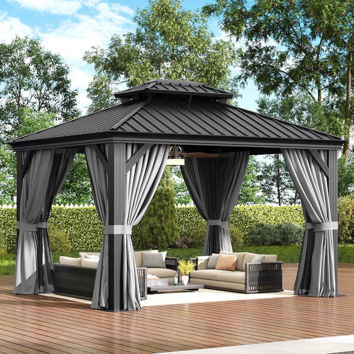 Aoxun Hardtop Gazebo 10x12, Aluminum Frame Canopy with Double Galvanized Steel Roof, Outdoor Gazebo with Breathable Netting and Privacy Curtain for Backyard